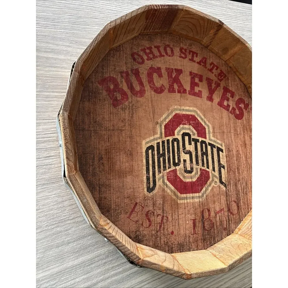 Ohio State Buckeyes Rustic Wooden Barrel Style Serving Tray College Licensed 16”